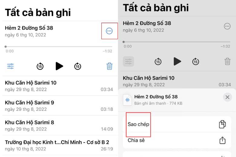 chọn và chia sẻ file ghi âm