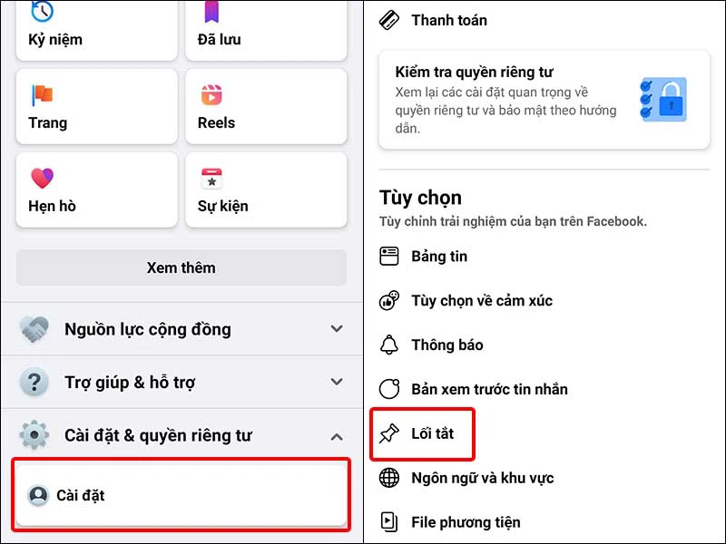 bấm chọn “Lối tắt” trong phần “Cài đặt”