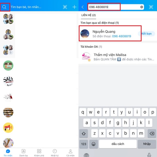 Tìm kiếm tài khoản Zalo bạn muốn nhắn tin