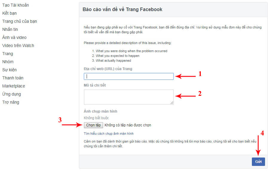 Gửi kháng nghị lên facebook bằng link